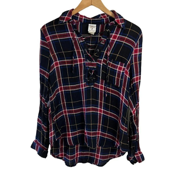 Self Esteem Plaid Blouse Size XL Lace Up Chest Collared Multicolor Long Sleeves - Picture 1 of 4